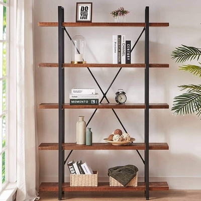 Книжные полка подгонянного промышленного металла 5 ярусов и деревянного Bookcase твердые деревянные